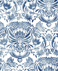 Seamless blue watercolor paisley floral pattern with ornamental details, elegant handpainted design for textile, wallpaper, and decorative applications. © Kseniia Koval