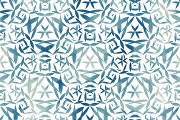 Seamless blue watercolor geometric pattern with abstract floral star shapes, elegant modern design for textile, wallpaper, and decorative surfaces.