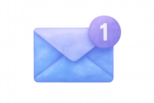3d rendering of a blue message envelope icon with notification badge showing one unread email on a transparent background