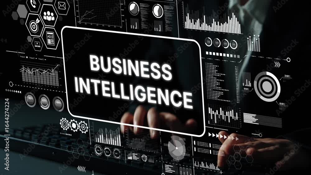 Poster business intelligence concept with data visualization, charts, and analytical graphics for modern co