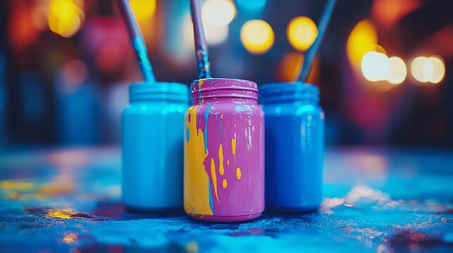 Colorful paint jars on a textured surface, vibrant colors and paint splatters