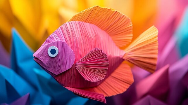 Colorful paper fish in vibrant abstract underwater scene