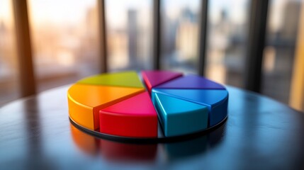 Colorful pie chart on a dark surface, with a city view in the background