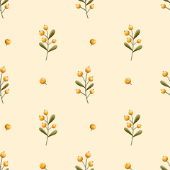 Seamless watercolor yellow berry pattern on light background– golden sea buckthorn berries with branches for autumn fabric design, rustic kitchen textiles, packaging and botanical print projects
