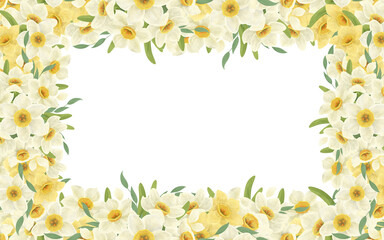 A floral banner frame made from a bouquet of white daffodils, leaves, composition, handmade digital illustration on a white background. An element for the design