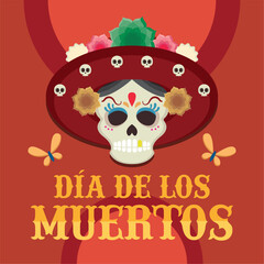 Skull mariachi hat flowers. Vector