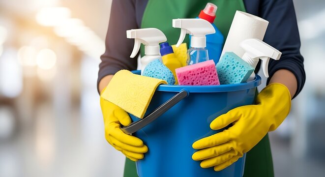 Person wearing yellow gloves holding a blue bucket filled with cleaning supplies and tools for household chores - Powered by Adobe
