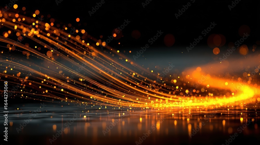 Poster golden light streak shooting across a dark surface with sparkling effect in abstract concept, dynami