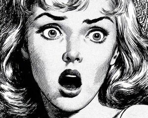 Retro Horror Comic: Shocked Woman in Vintage Clip Art Style with Panicked Expression
