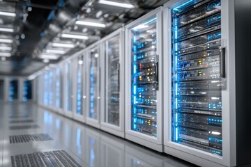 Row of powerful white servers with blinking blue LED lights humming in a modern data center with cable organizers and ventilation systems.