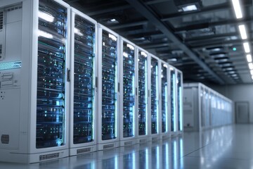 Row of powerful white servers with blinking blue LED lights humming in a modern data center with cable organizers and ventilation systems.