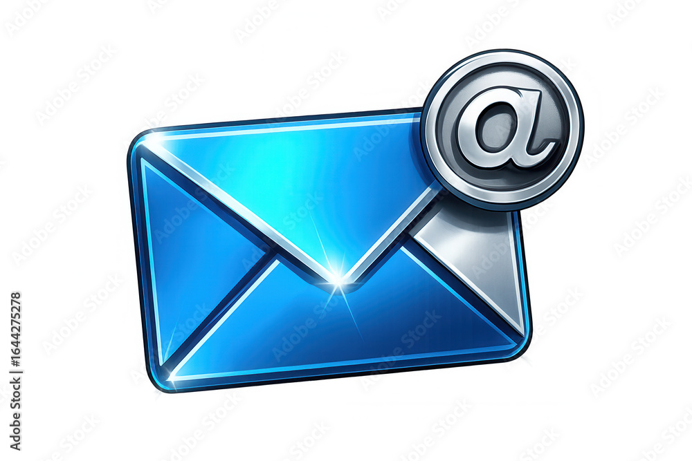 Poster digital communication concept featuring sleek blue email symbol with @ sign floating against transpa