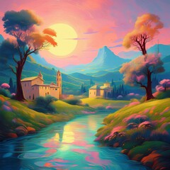 An antique-style oil landscape painting of the Italian countryside, featuring rolling Tuscan hills, rustic villas, and golden light in the style of classic Mediterranean art.