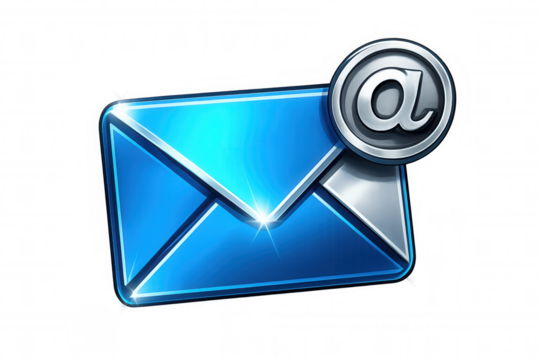 Digital communication concept featuring sleek blue email symbol with @ sign floating against transparent backdrop