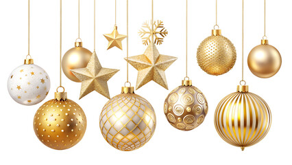 Collection of golden christmas ornaments and stars hanging, isolated on transparent background