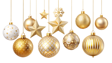 Collection of golden christmas ornaments and stars hanging, isolated on transparent background