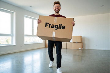 Smiling young man carefully carries a large cardboard box marked "Fragile" into his new, empty apartment on moving day, happy to start a new chapter in his home