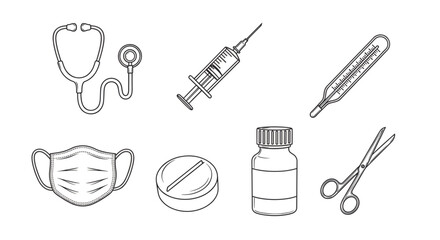 Medical equipment and healthcare supplies line art drawing set on transparent background
