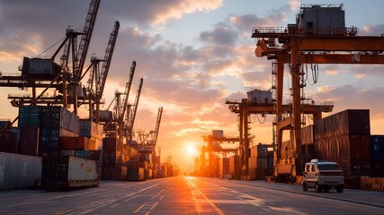 Vibrant sunset over a busy shipping port, highlighting global trade and logistics. - Powered by Adobe