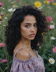 Naklejka premium Woman standing gracefully in a vibrant wildflower meadow during summer