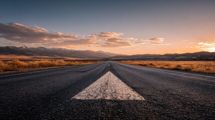 Serene empty road stretches ahead, arrow sign pointing to distant horizon, symbolizing new beginnings, future goals.