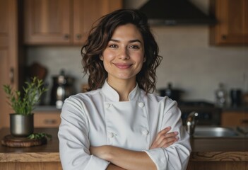 Culinary student smiling confidently in a home kitchen setting
