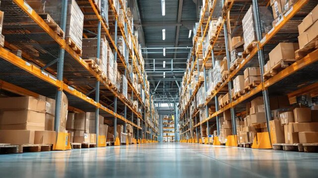 Inside view of a large warehouse with shelves of packaged boxes ready for shipping and distribution.