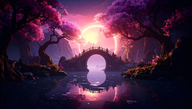 Dreamy landscape with arched bridge, pink cherry blossoms, and a glowing sun reflected in calm water - Powered by Adobe