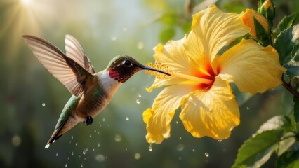 Fototapeta premium Hummingbird sipping nectar from a vibrant hibiscus flower