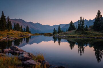 Serene mountain lake reflecting gentle dawn colors.