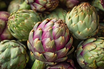 Obraz premium Vibrant Closeup of Fresh Artichokes at a Farmers Market with Healthy Green Vegetables