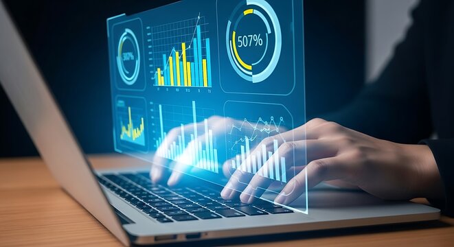 Person using a laptop with a holographic financial data visualization