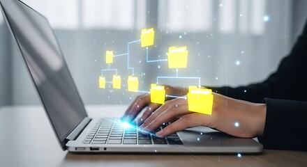 Person typing on a laptop with a glowing digital network diagram overlay