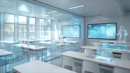 Futuristic classroom featuring digital interfaces and a holographic teacher. - Powered by Adobe