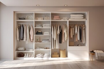 Sleek modern Scandinavian white walk-in closet with minimalist wardrobe, clothes on hangers, and storage shelves set against a soothing pastel beige background.