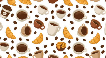 Obraz premium Seamless pattern with coffee cups croissants and coffee beans