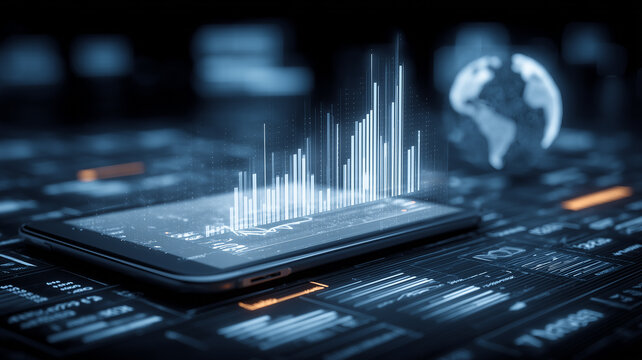 Smartphone projecting holographic charts and a digital globe on a dark workspace. Representing mobile analytics, global finance, business intelligence dashboards, realtime insights