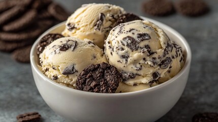 Creamy vanilla ice cream, speckled with dark chocolate cookies, in a white bowl, surrounded by scattered cookies