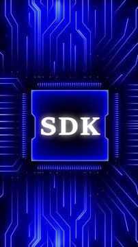 Sdk Software Development Kit with Gears and Circuit Board Pattern Against a Dark Background Technology Concept.