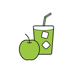 Refreshing green apple juice with a dynamic ice splash and sliced fruit illustration