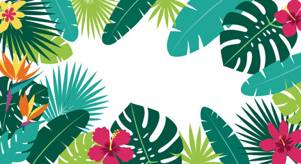 Fototapeta premium Tropical leaves and flowers frame on a white background view