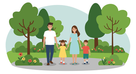 Fototapeta premium Family walking together in park holding hands happily now