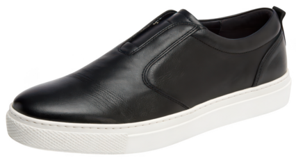 Stylish black slip on sneaker with textured upper and white platform sole isolated on transparent background