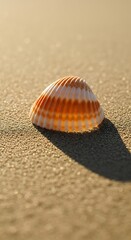 Photo of a single seashell rests on the sand at the beach, casting a long shadow