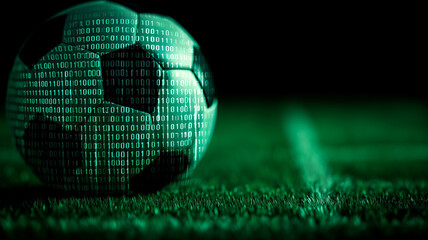 Soccer ball coated with glowing binary resting on a night field under stadium lights.