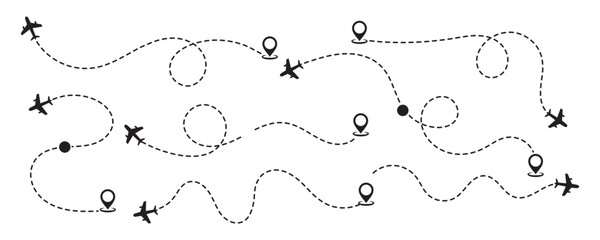 Airplane line path icon of air plane flight route with start point and dash dotted line trace. Love travel route. Airplane routes. Travel icon.