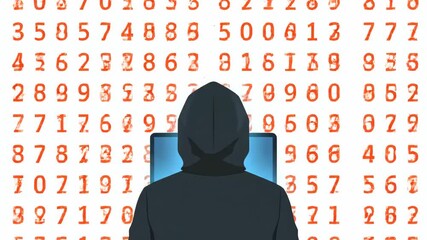 A hooded figure sits before a glowing screen obscured by floating orange numbers on a white backdrop - Powered by Adobe