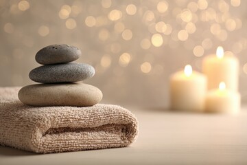 Smooth hot stones on clean beige towel with soft candlelight background.