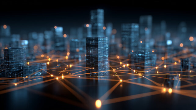Fototapeta Metropolitan Data Fabric Linking Every Service Golden connections bind city towers, representing coordination, analytics, and always on smart infrastructure for citizens and businesses 
