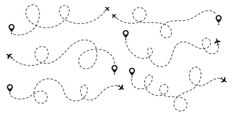 Airplane line path icon of air plane flight route dash line trace with start point. Simple airplane travel line path with map pins. Airplane dashed route path.